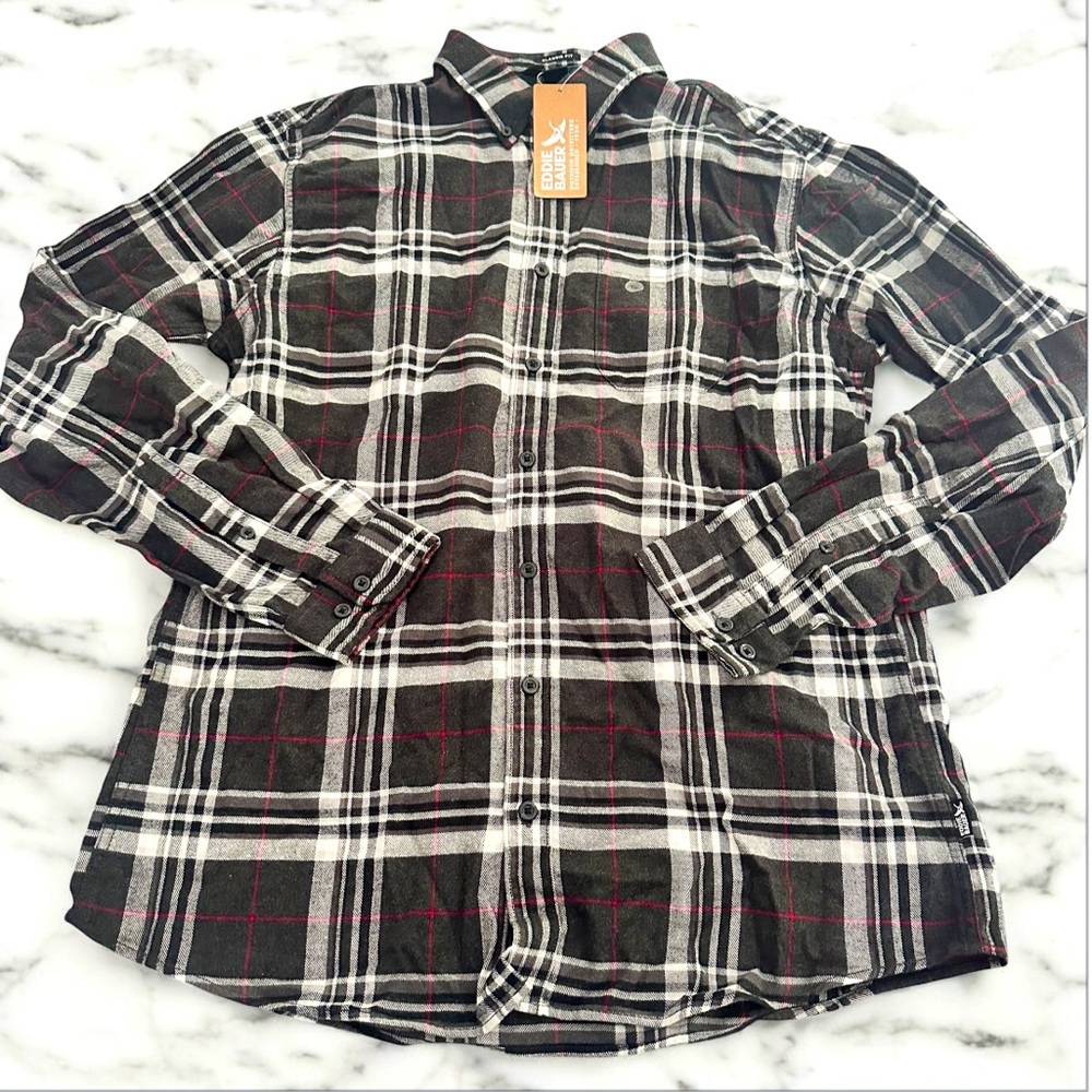 NWT Eddie Bauer Black, White, and Red Plaid Cotton Button Down Shirt - Picture 2 of 10